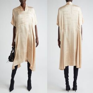 Balenciaga Flutter Sleeve Jacquard Logo Silk Oversize Dress Champagne Beige NWT